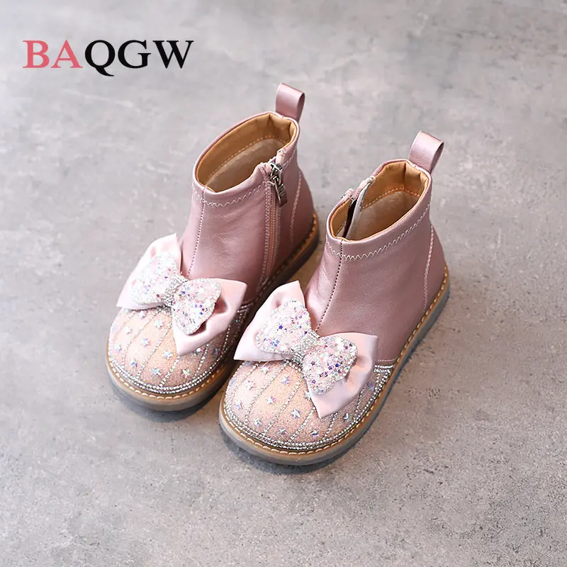 Children Autum Winter Sweet Sequined Princess Boots Baby Girl Boots Patchwork Bow Tie Beige Rhinestone Short Winter Zipper Boots