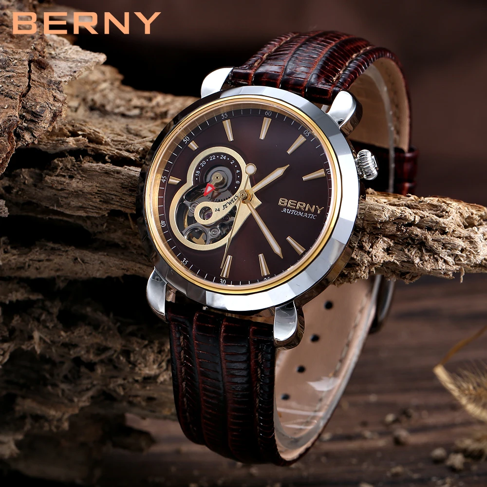 BERNY-reloj mecánico de acero de tungsteno para mujer, reloj de pulsera automático de cristal de zafiro, resistente al agua hasta 5atm, movimiento