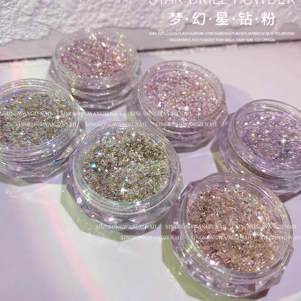 6Jars/set Sparkling Crystal Diamond Nail Powder Net 0.5g Crystal Diamond Powder Holographic Glass Micro Drill Shiny Nail Powder