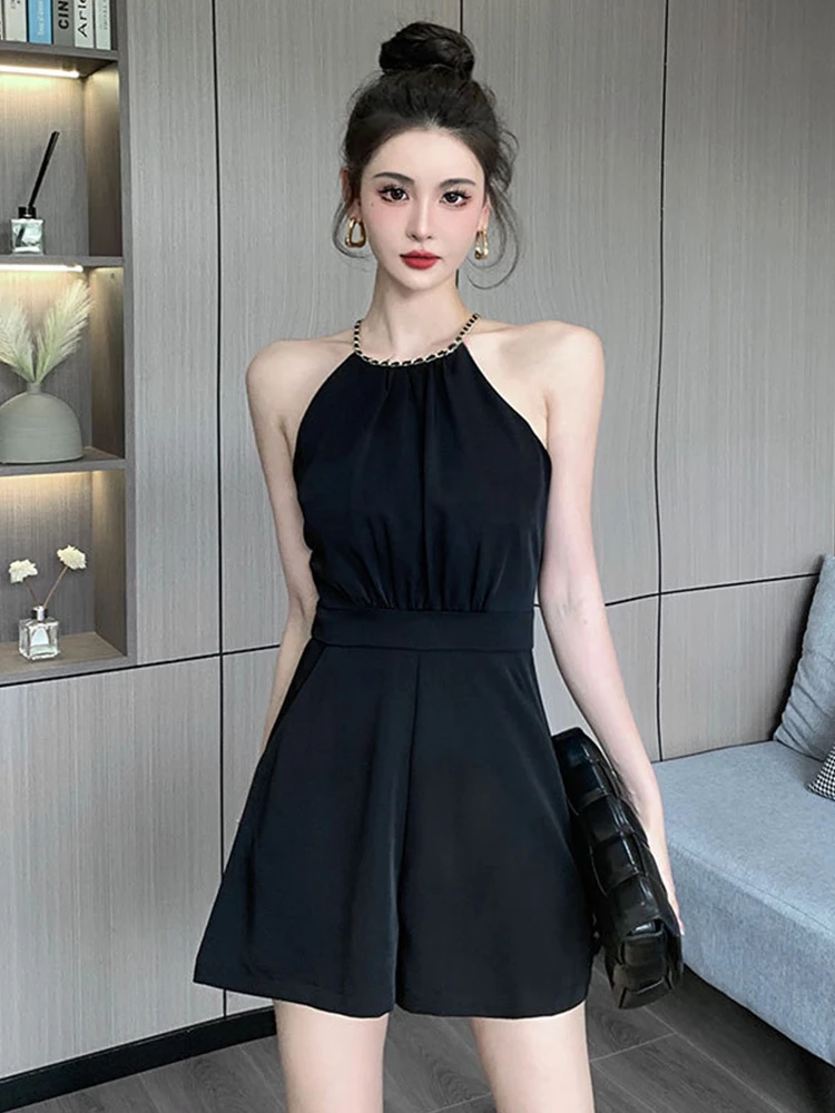 New Fashion Elegant Women Jumpsuits Black Sexy Halter Sleeveless Party Club Beach Femme Mujer Shorts High Waist Playsuits Summer