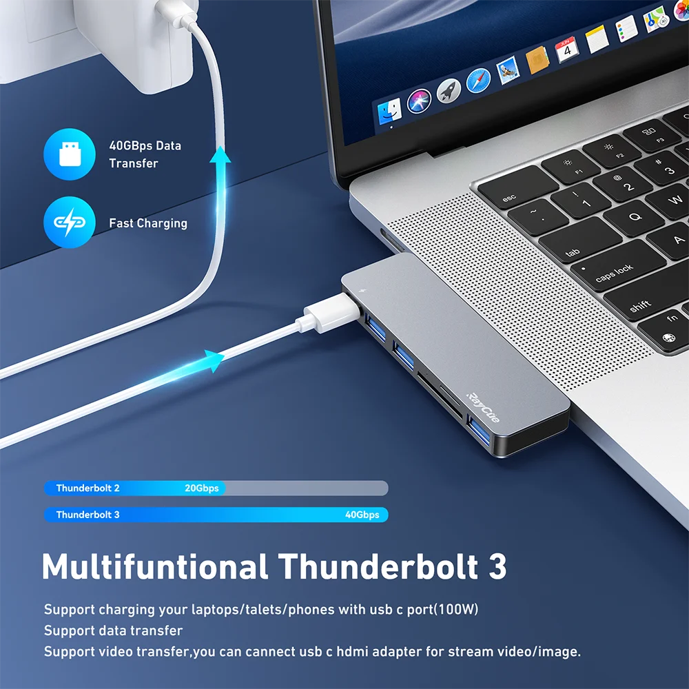 RayCue 썬더볼트 독 맥북 프로 에어용 USB 허브 6 in 2 USB분배기 3.0 멀티포트 5K Thunderbolt 3 포트 TF SD 카드 리더가 포함된 M1 M2 노트북용 C타입 USB Hub 맥북 허브