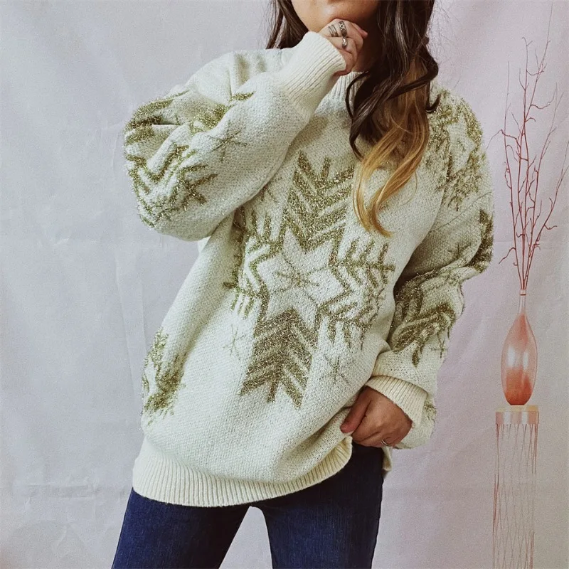 Autumn & Winter Women's Loose Snowflake Print Christmas Sweater Simple Woman Fashion Round Neck Long Sleeve Thickened Pullovers