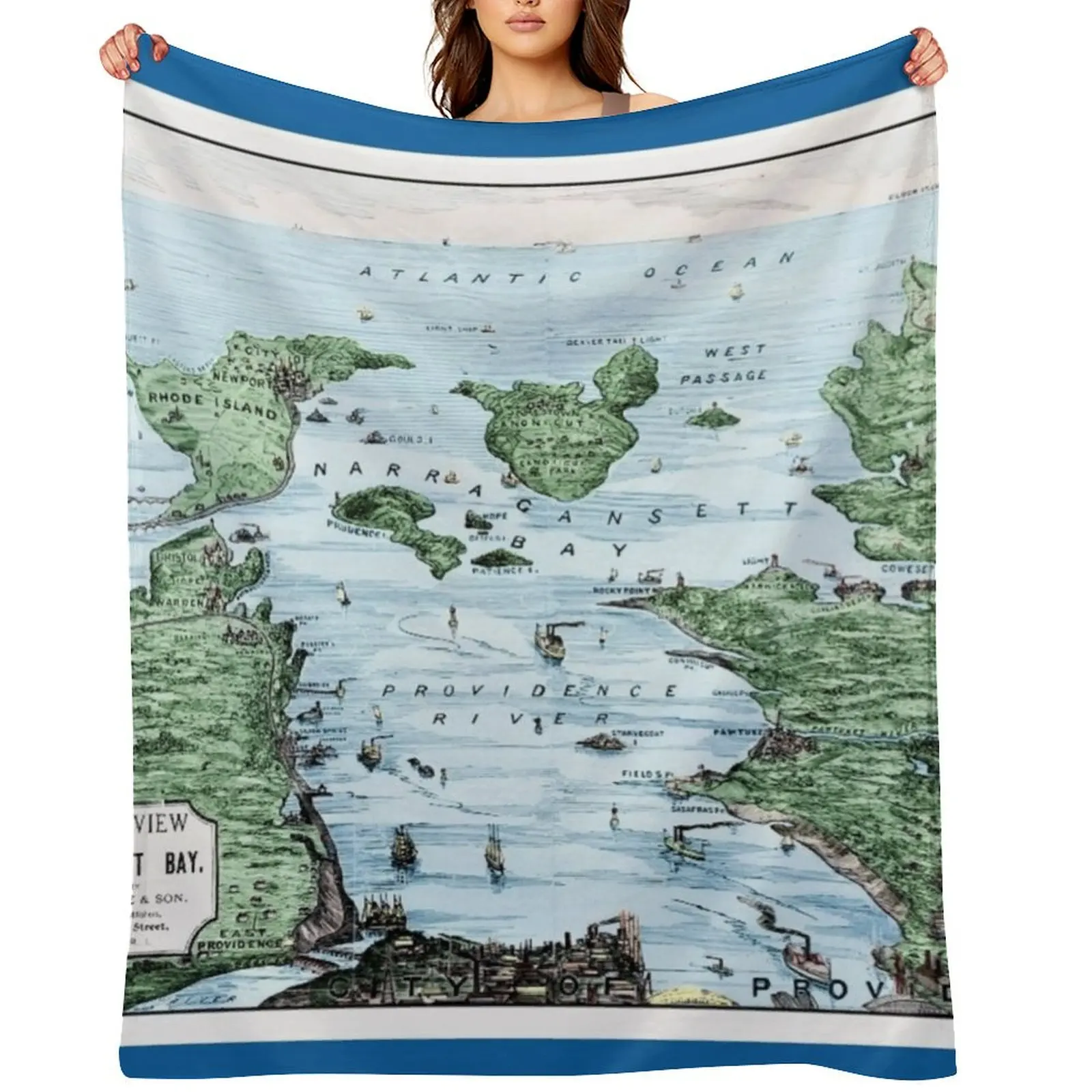 

Vintage Balloon View of Narragansett Bay and Rhode Island Lithograph Map Poster Art Version 2 Throw Blanket Thins Blankets