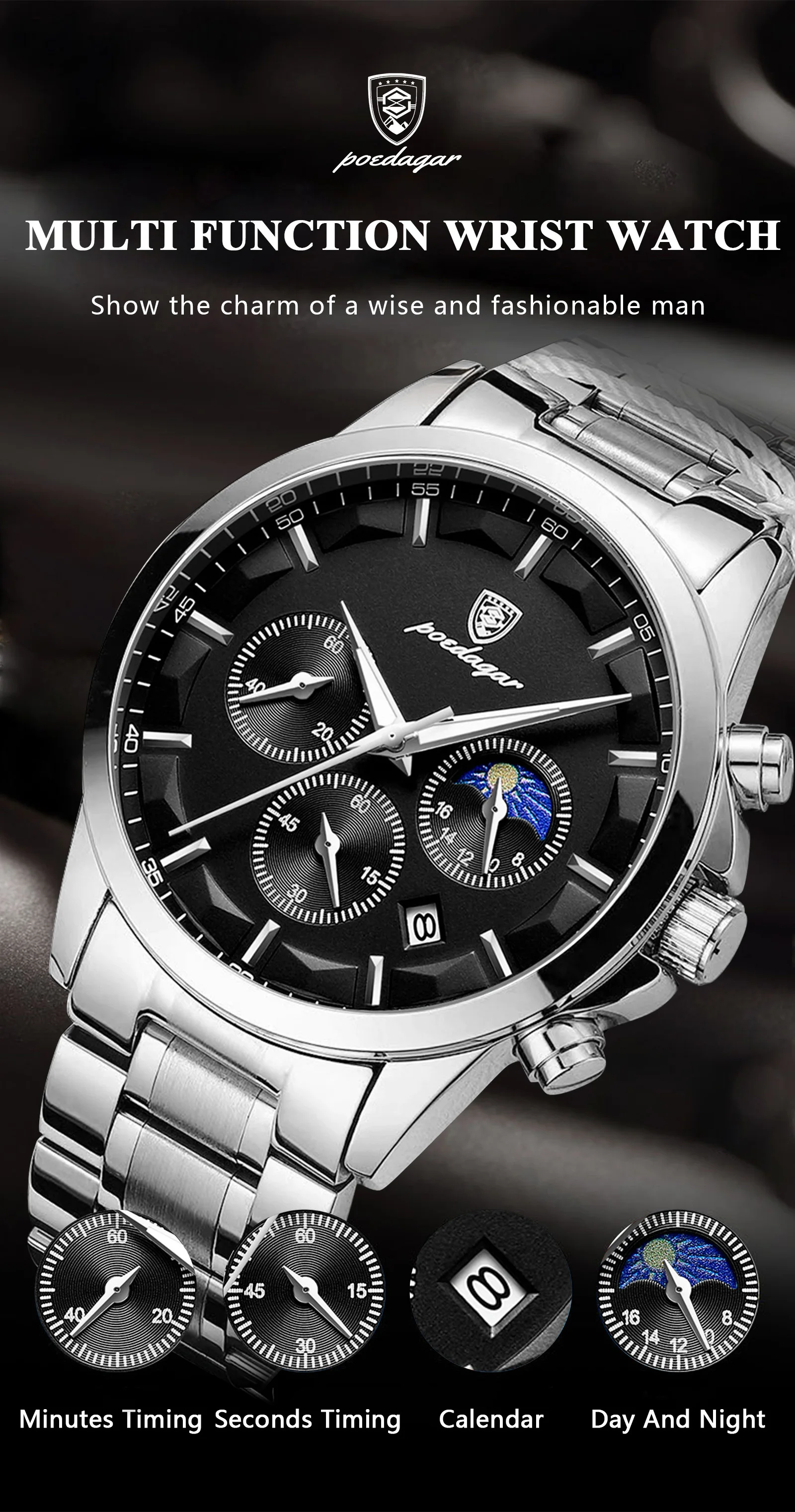 POEDAGAR Herrenuhr Wasserdicht Leuchtend Edelstahl Mode Herrenuhr Chronograph Datum Quarz Business Herrenuhren – Detail 7