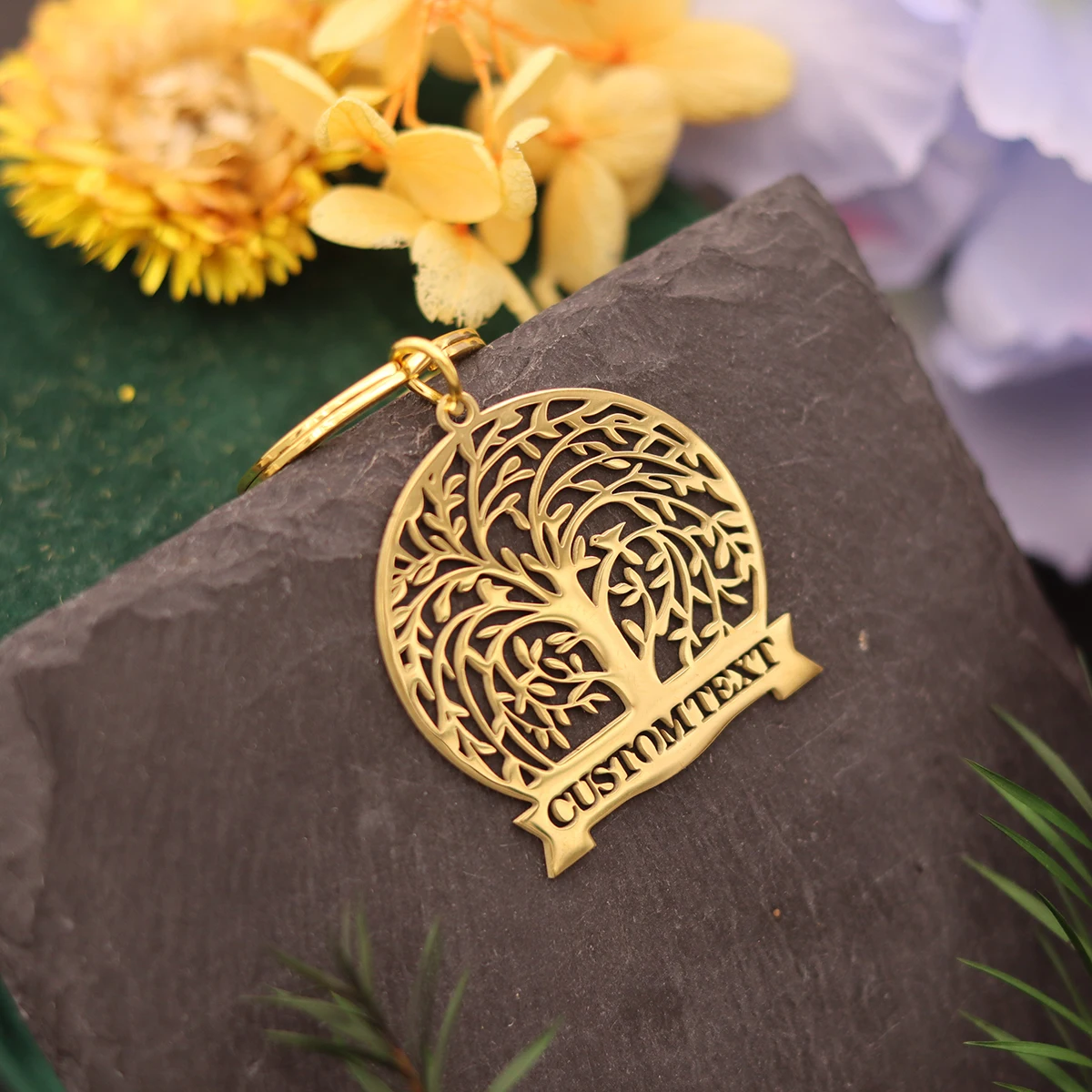 QIAMNI Laser Engraved Letter Tree Branch Keychain Stainless Steel Boho Chic Custom Name Plant Keyring Bag Car Accessories Gift