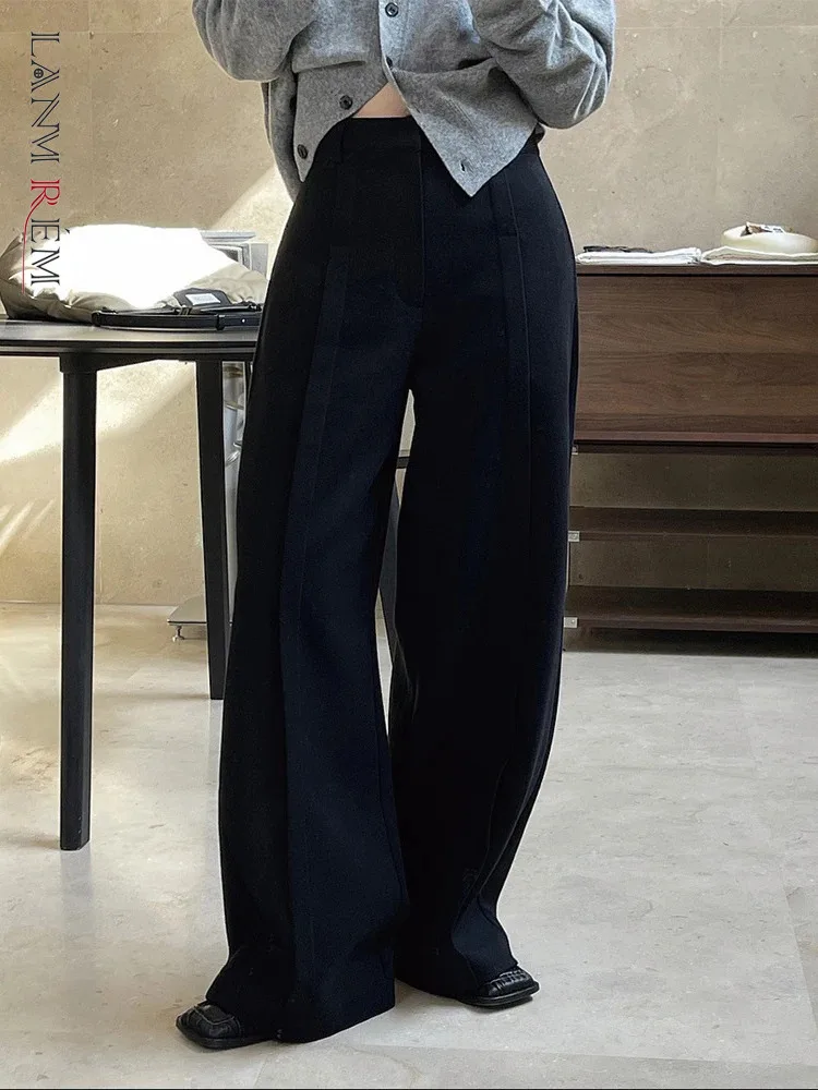 

LANMREM Korean Version Straight High Waist Fold Wide Leg Trousers For Women 2024 Spring New Loose Pants Office Lady 2DA3827