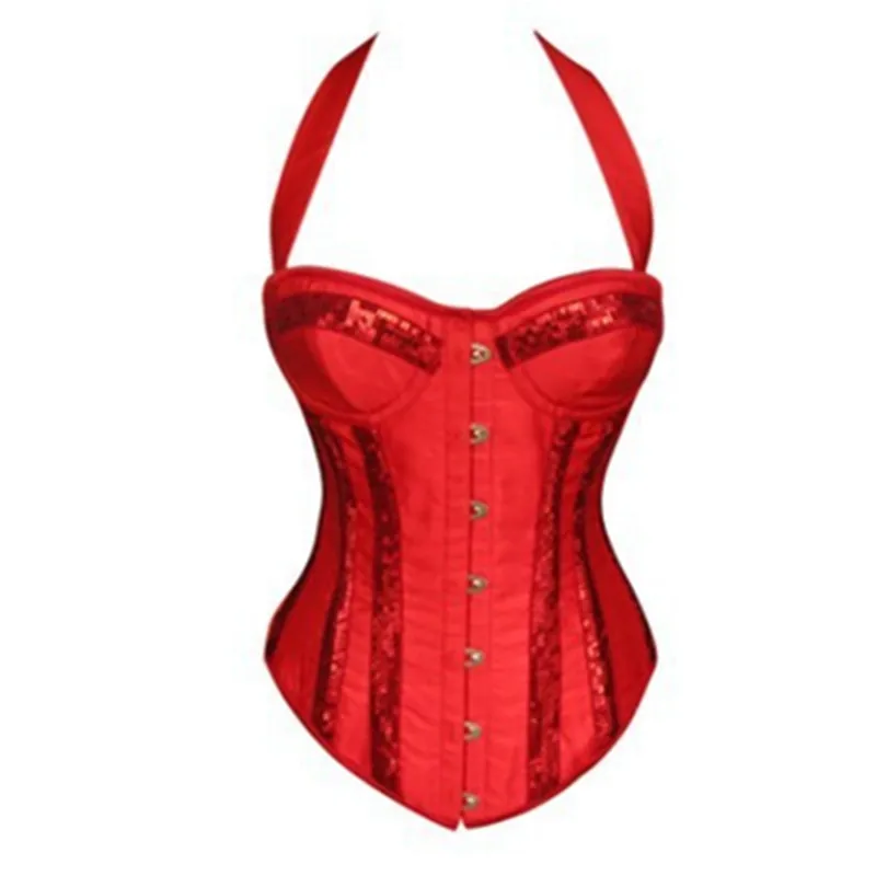 

Women Corset with Cup Bra Red Overbust Corset V Neck Satin Sequin Decoration Lace-up Corsets Gothic Steampunk Corset Bustier Top