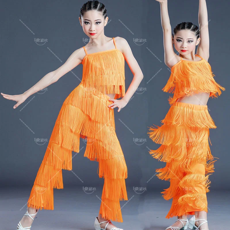 Pratica Costume latino per ragazza frangia danza latina concorrenza vestiti ragazze Standard nazionale danza arancione nappa pantaloni vestito