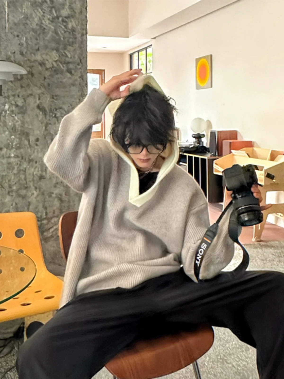 

Korean Sle V-Ne Hoodie Knitwear for Men Loose Fit Casual Comfortable Long Sve Polyester Fiber Autumn Season Faion