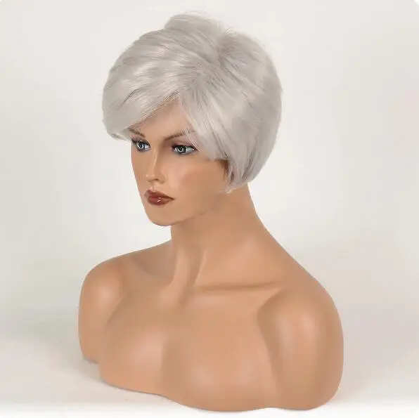 Silvery White Short Straight Wig Synthetic Fluffy Women Natural Haircut Hair Wig for Daily Party Cosplay