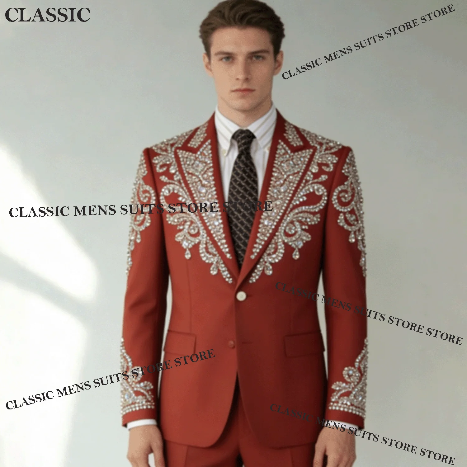 

Customized Rhinestone Men suits Glitter Jewelry Sequin For Wedding Groom Male Prom Party Luxury Blazer 2 Pieces Set Tuxedos Slim