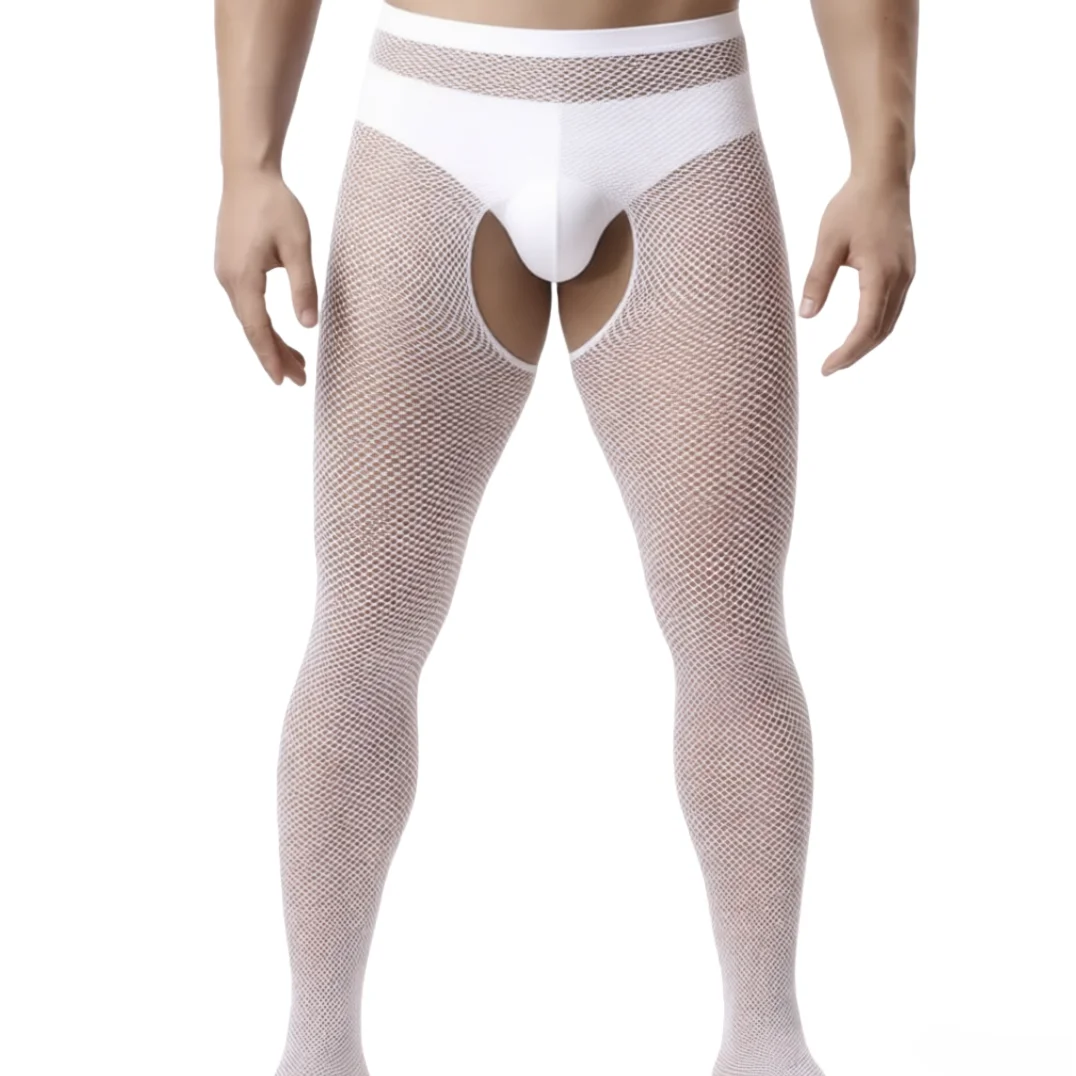 

Male Date Wear Tights White Open Crotch Pantyhose for Men's Clubs Exotic Socks Europe America Sexy Costumes Hombre Calcetines