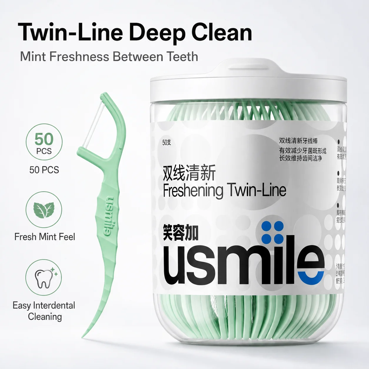 Usmile Mint Dental Floss Picks 50 Count Twin Thread Flossers Polyester Floss with Toothpick Tail Portable Pack for Home Office
