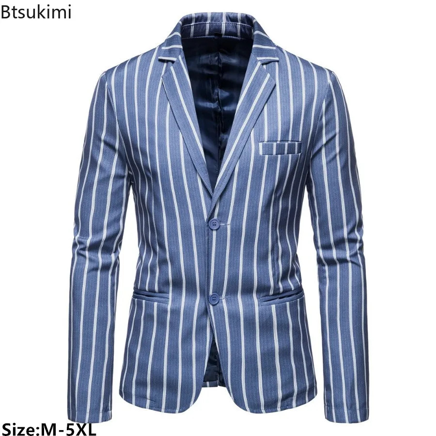 

New 2024 Men's Casual Large Size Suit Jacket Fashion Blue Stripes Two Buttons Party Business Blazers Men Formal Blazer Jackets