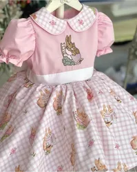 0-12Y Girl Summer Rabbit Embroidery Floral Turkish Vintage Princess Pink Dress for Easter Eid Birthday Photography  B183