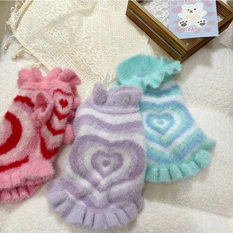 Autumn Winter Warm Fluffy Pet Knit Sweater Gradient Concentric Heart Stripes Cute Ruffle Edge Plush Fleece Pet Costume