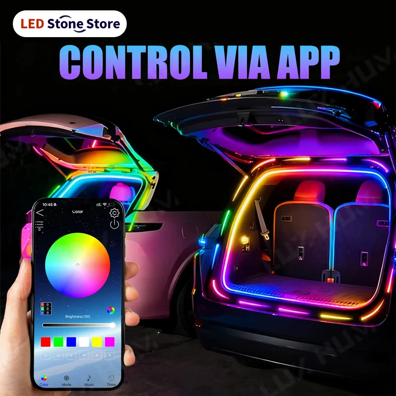 Tira de Luces LED Dinámicas para Maletero de Coche, Control por Aplicación, RGB, Luz Ambiental de Neón, para SUV, Lámpara de Atmósfera LED, Universal para DC 12V