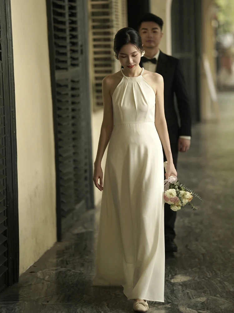 

Атласное свадебное платье Ele с жемчужным ожерельем для фотосессий, помолвок и церемоний на открытом воздухе