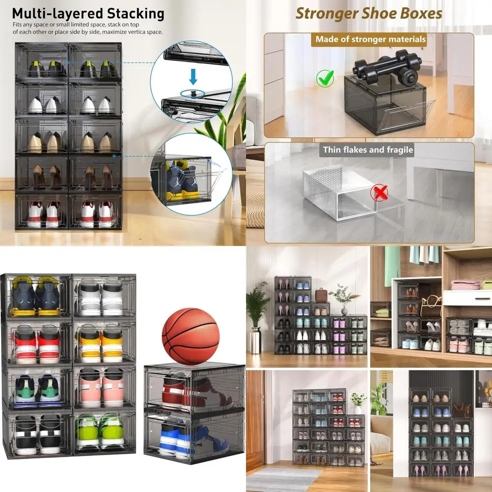 

Большие прозрачные штабелируемые коробки для хранения обуви с крышками, прочный органайзер для шкафа, витрины для кроссовок, серый