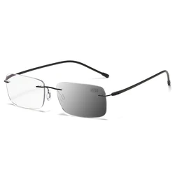 Ultralight Rimless Transition Progressive Multifocal Reading Glasses Anti-blue Photochromic Magnifier