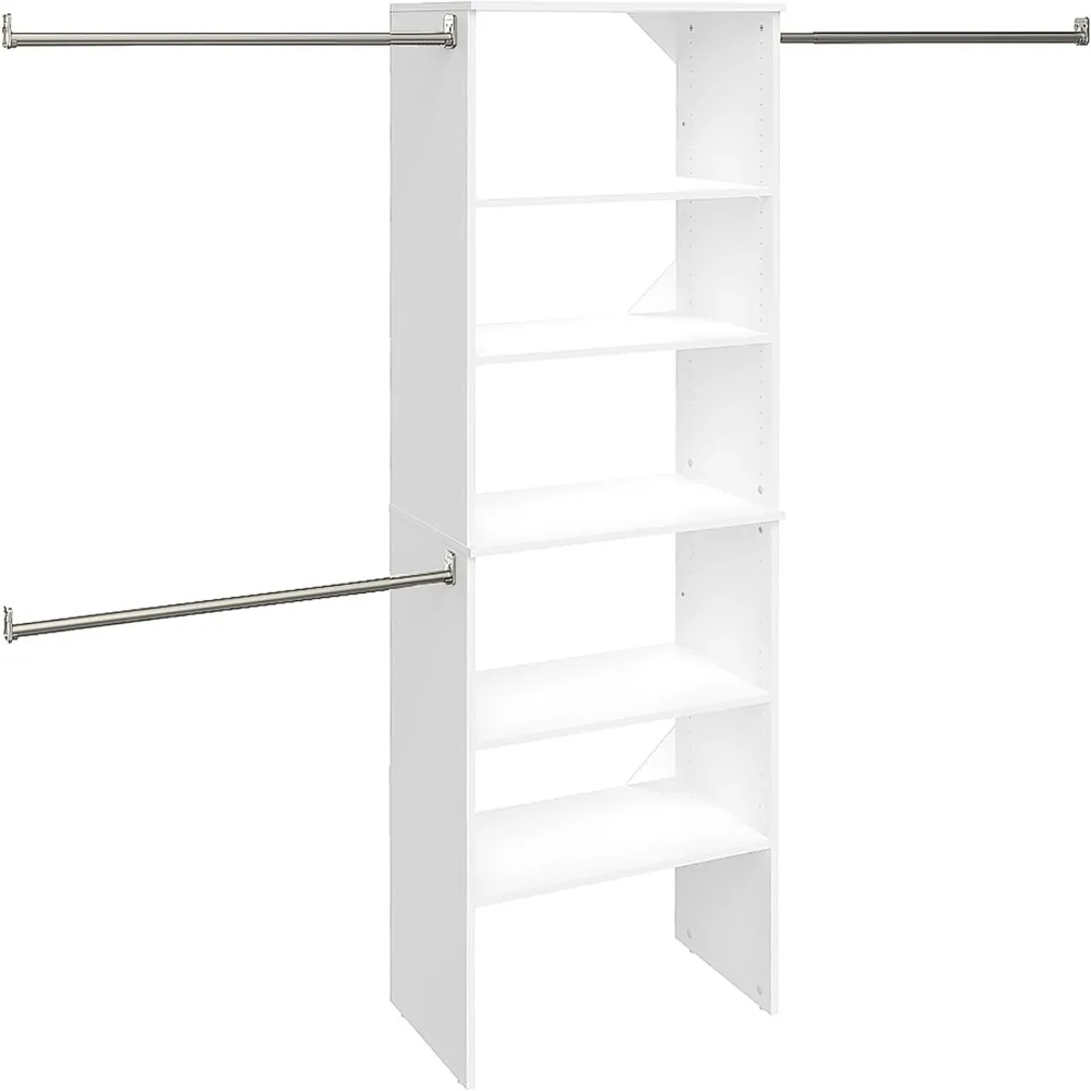 SuiteSymphony Wood Closet Organizer Starter Kit Tower and 3 Hang Rods, Shelves, Adjustable, Fits Spaces 5 – 10 ft. Wide