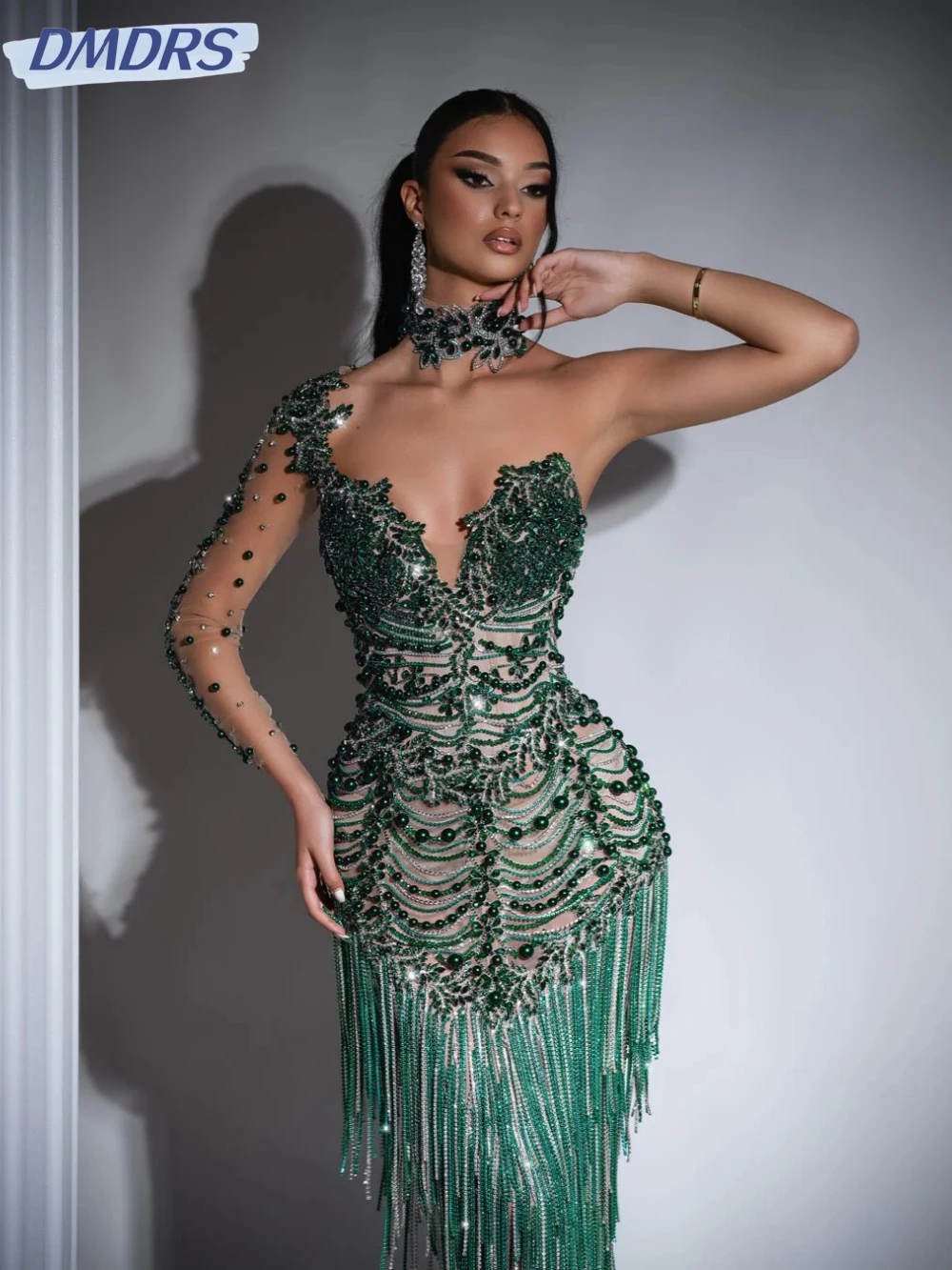 

Green Luxury Beaded Tassel Evening Dress Sexy Illusion Deep V-neck Prom Dresses Customized One Shoulder Cocktail Gown For Women