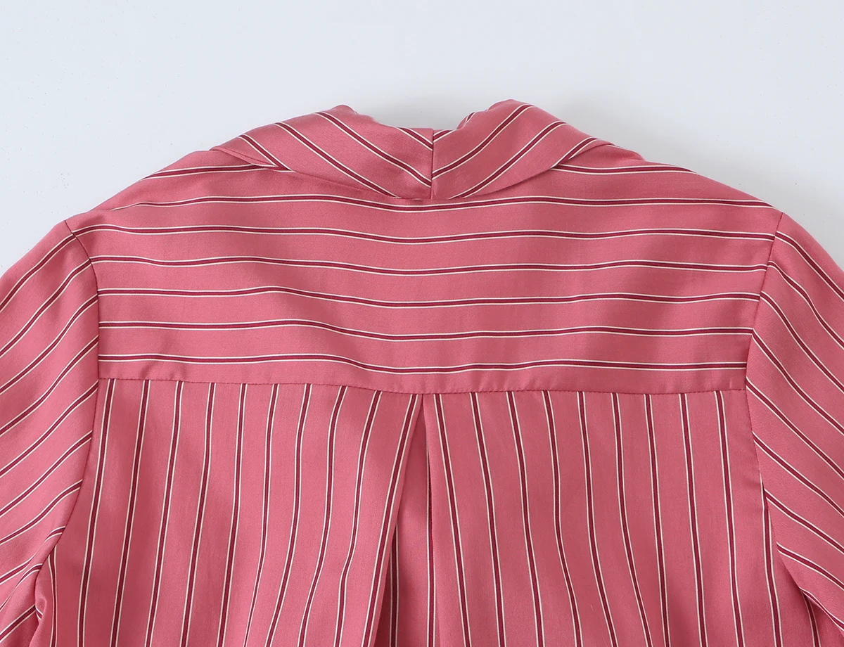 BSAY 2026 Damenbluse im französischen Stil, gestreift, eleganter Schal zum Binden am Hals, lange Laternenärmel, Knopfleiste vorne, lockeres Büro-Arbeitsshirt, Oberteil – Detail 8