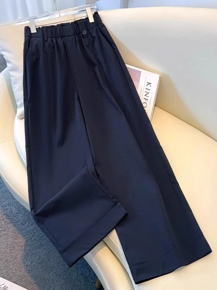 

Свободные широкие брюки с высокой талией, девять очков, повседневные летние тонкие эластичные брюки на талии, свободные прямые брюки, женская мода
