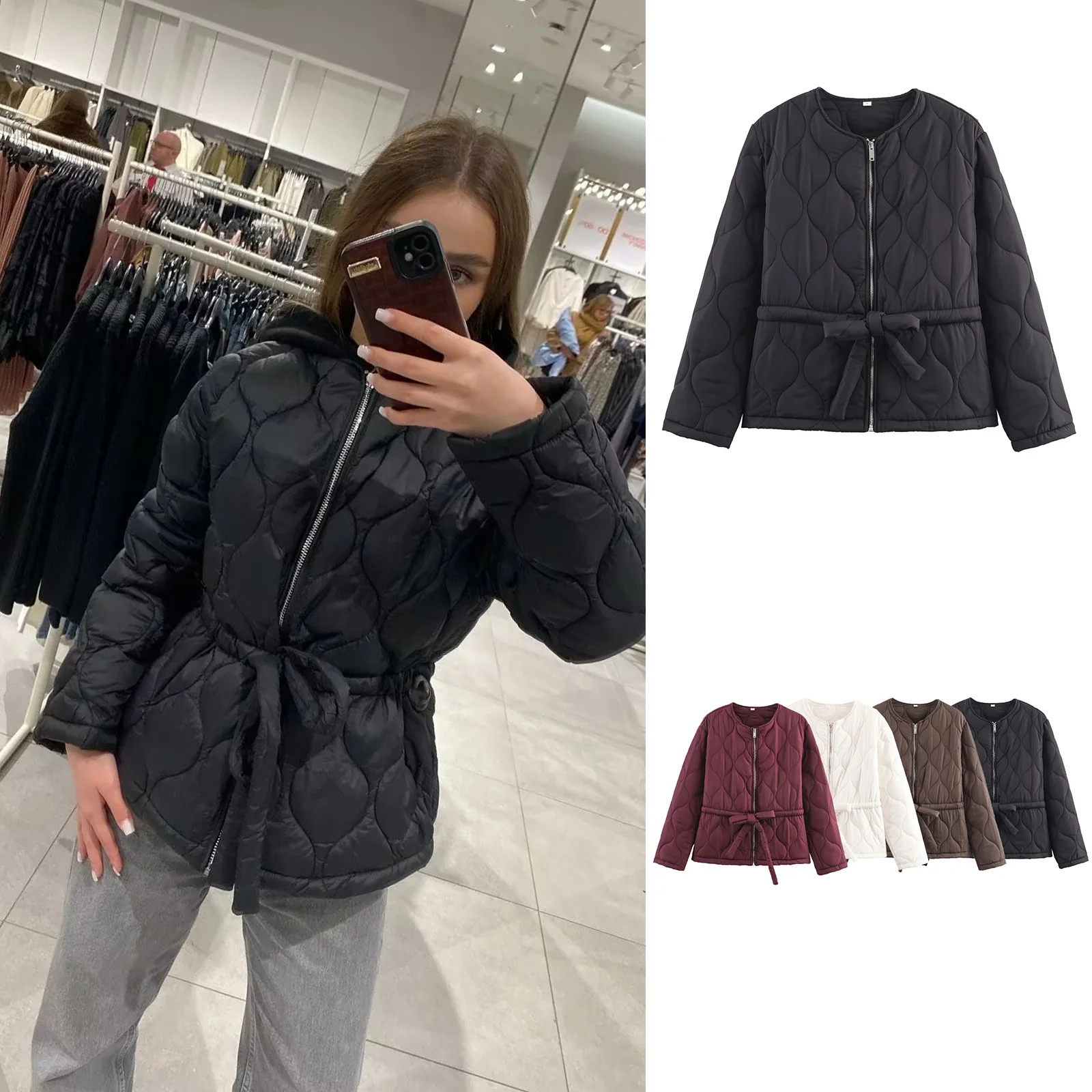 

HH 2025 Female Autumn Casual Cotton Jacket Long Sleeve Zipper Solid With Pockets Belt Winter Vintage Warm Crop Coat