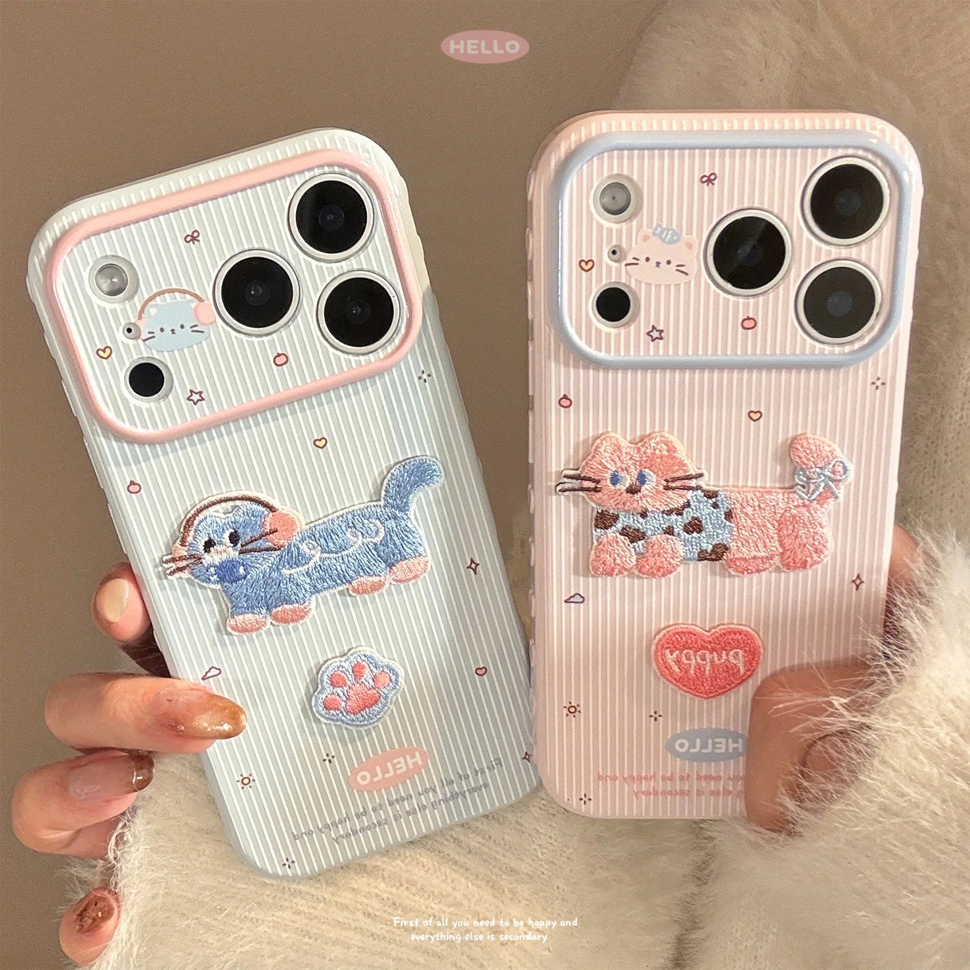 Funda de teléfono con bordado de rayas, música, gatito, gato, meow, pata, arte, para iPhone 17, 16, 15, 14, 13, 12 Pro Max, funda bonita de lujo con dibujos animados