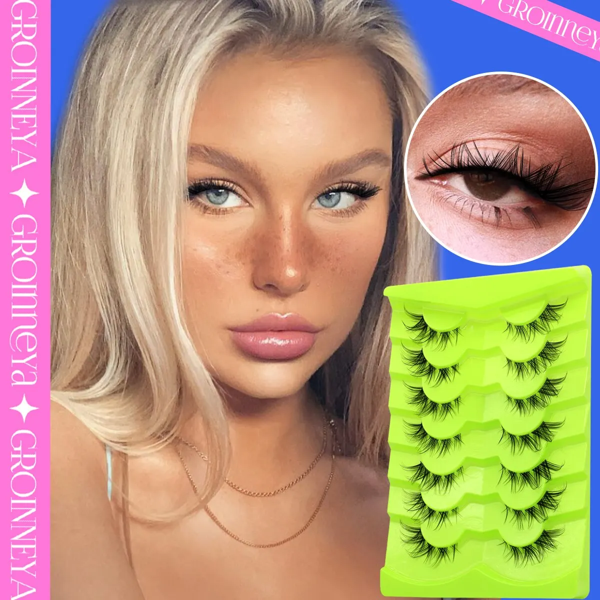 GROINNEYA 7 Pairs Cat Eyelashes Invisible Band Lash Extension Natural False Eyelashes Cross Cluster Fairy 3D Faux Fox Lashes