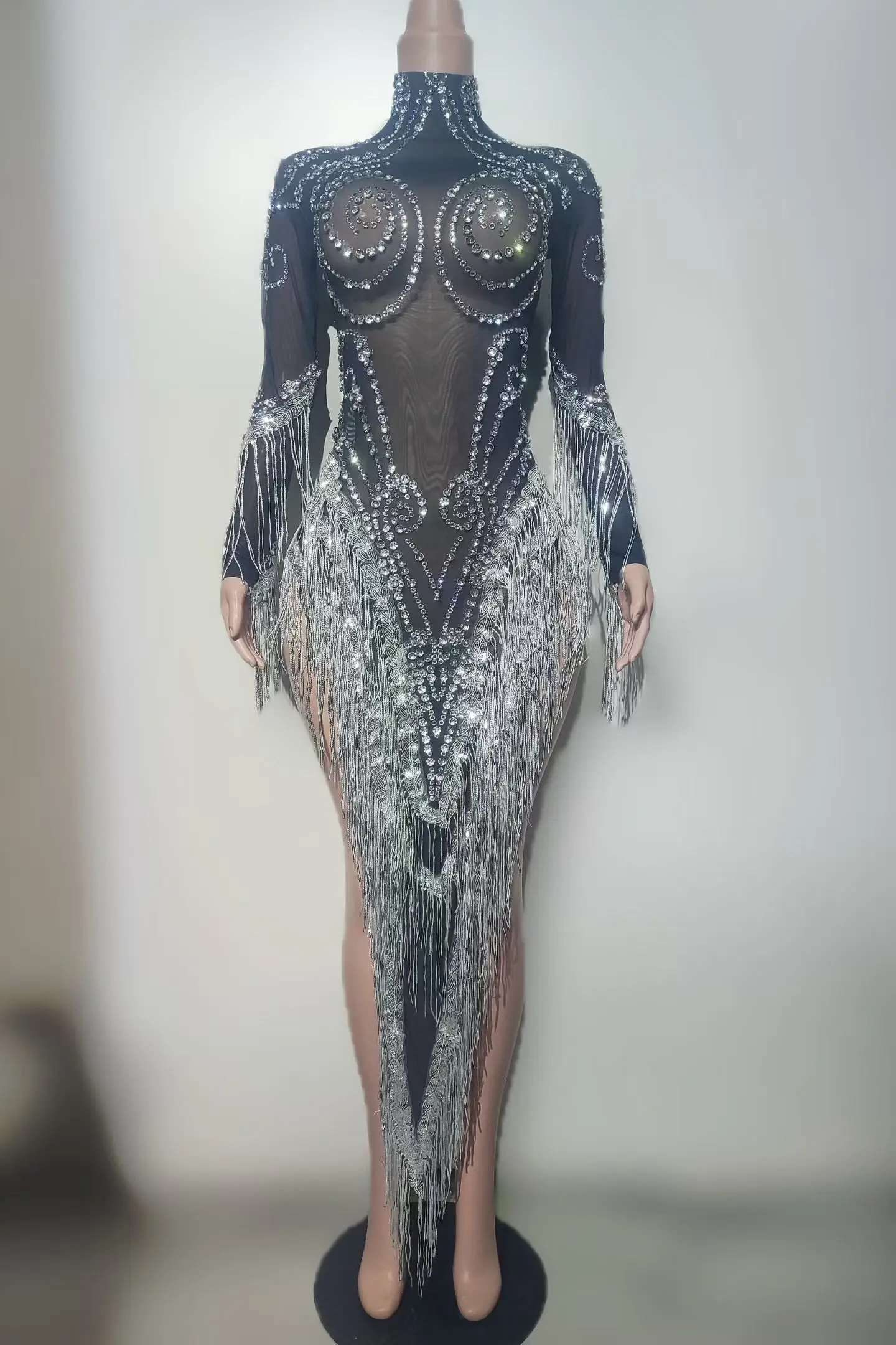 

Heitao Luxury Women Prom Gowns Perspective Mesh Tassel Dress Bar Stage Performance Costume Birthday Cocktail Evening Party Dress