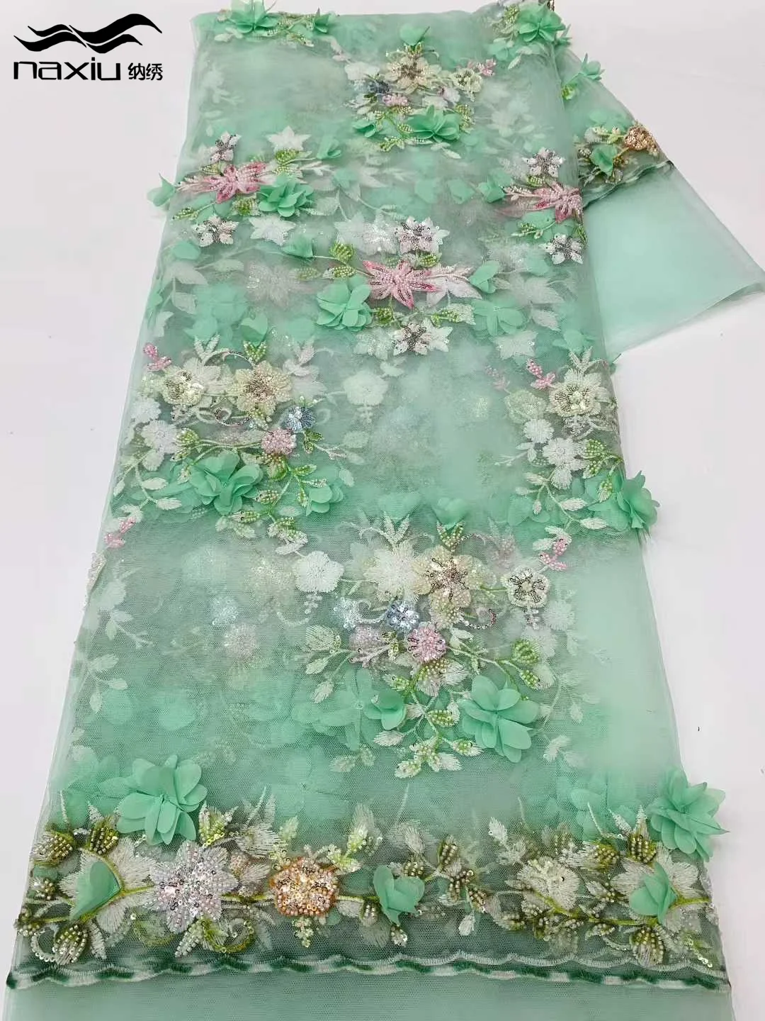 

Африканская кружевная ткань Madison, вышитые нигерийские бусы, кружевная ткань с 3D цветами, 2025 г., высококачественная тюлевая кружевная ткань для платья