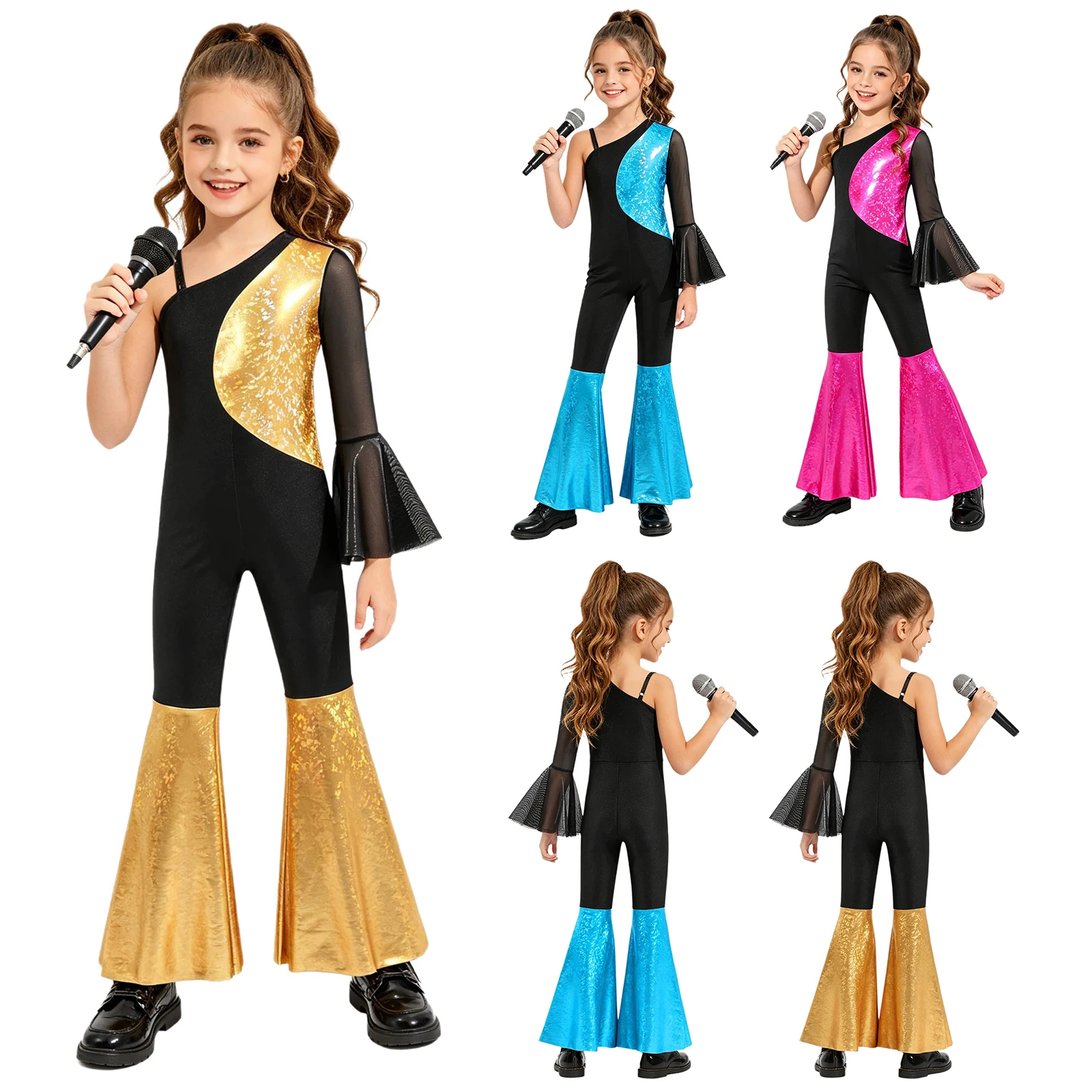 Kids Girls Single Long Flared Sleeve Ruffled Bell-bottomed Hem Jumpsuit Unitard for 70s Disco Jazz Dance Stage Performance Party view 2