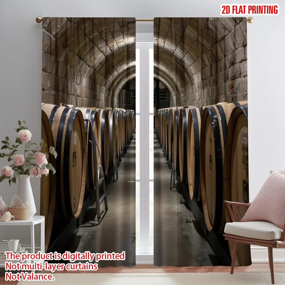 

2D flat printing 2pcs Party Window Curtains Wine Cellar Barrels Digital Printed Polyester Drapes Festive Curtains Use for