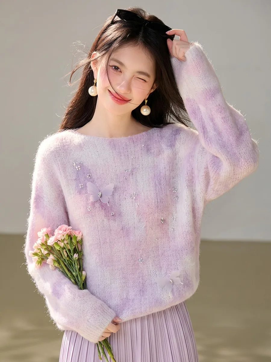 Sweet Soft Style Glitter  Gradient Knitted Sweater Women's Autumn New Super Cute Anti-Aging Knitwear Top