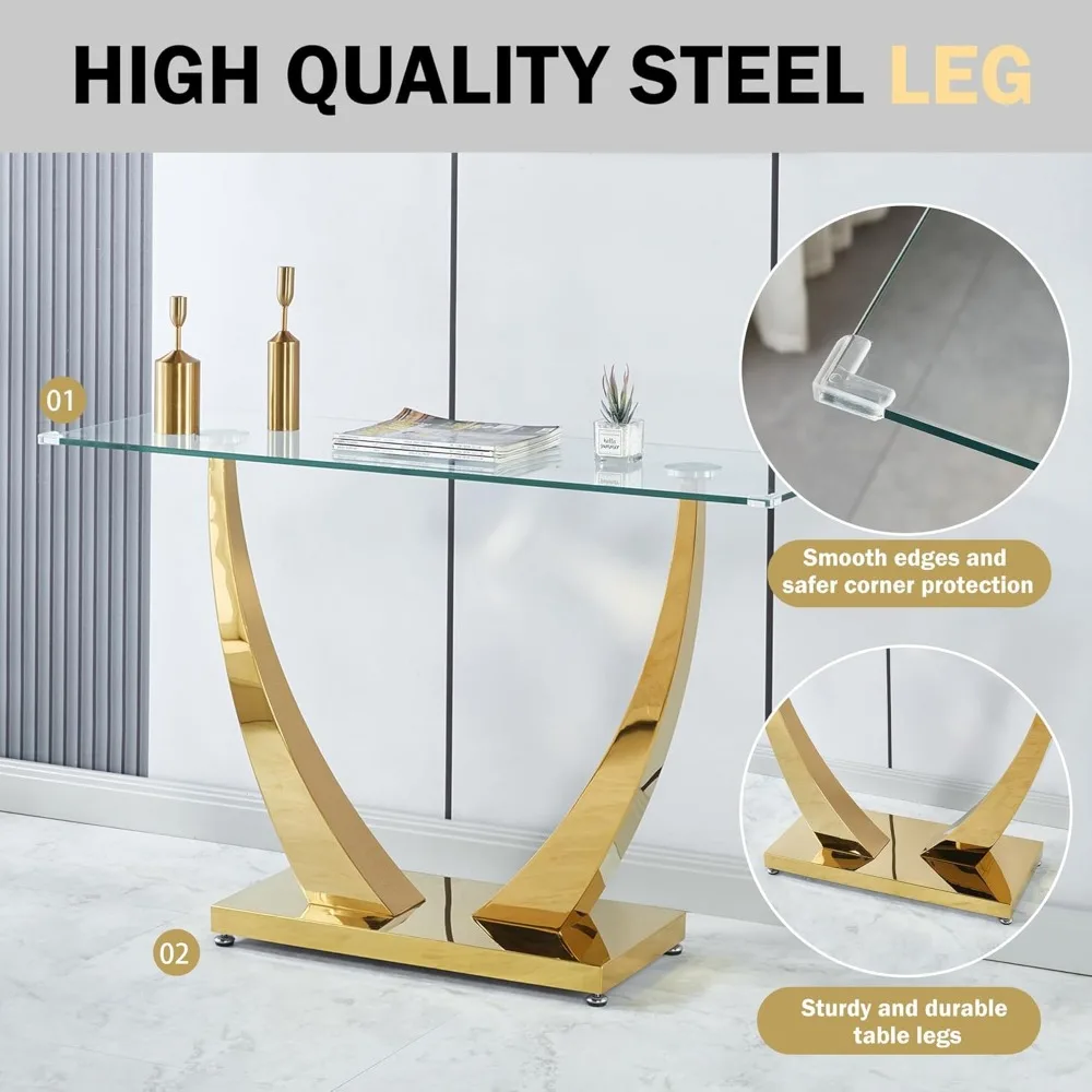 Modern Clear Glass Console Table 47 Long, Narrow Sofa Table for Entryway, Accent Desk with Geometric Silver Design