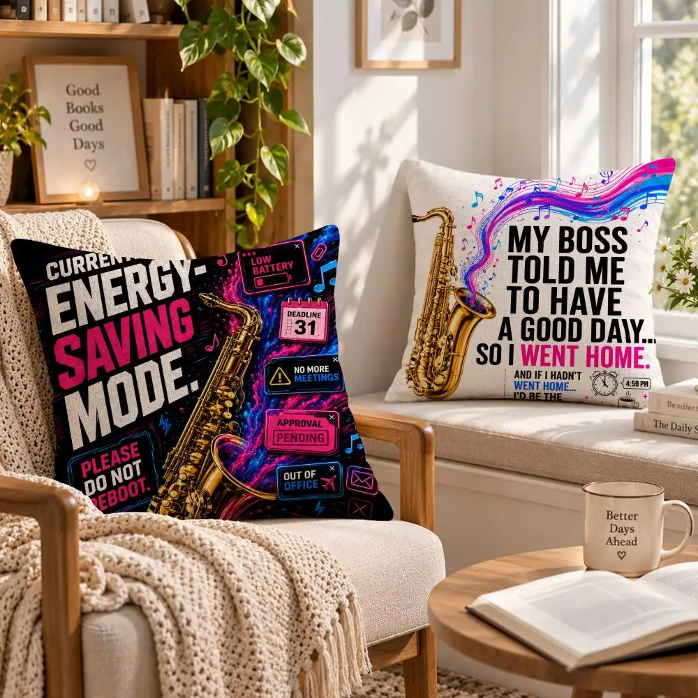 Music Jazz S-Saxophone Escalation Cushion Cover Soft Short Cover Washable Sofa Bed Dorm Garden Home Office Chair Decor