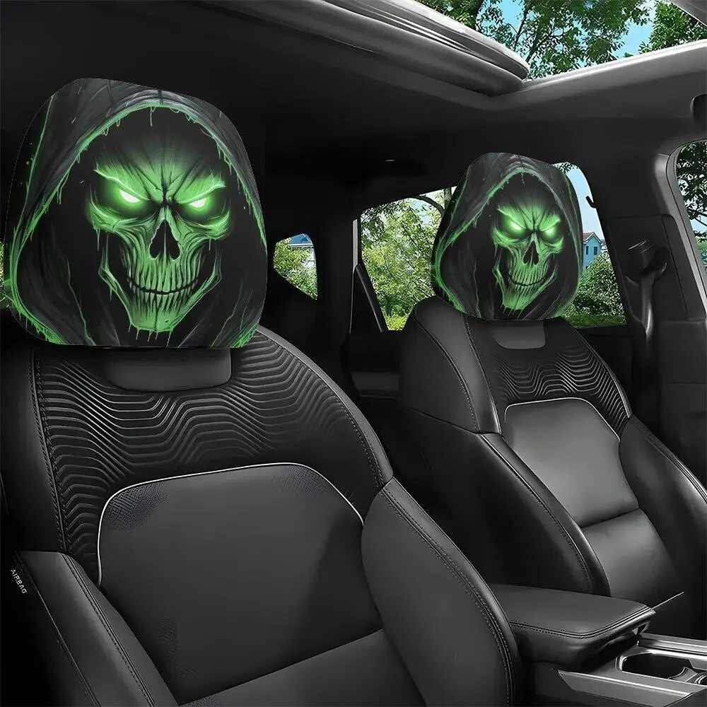 2 Stück grün leuchtende Totenkopf-Auto-Kopfstützenbezüge mit Kapuze, 2D-bedruckte, elastische, universelle Auto-Kopfstützenschoner