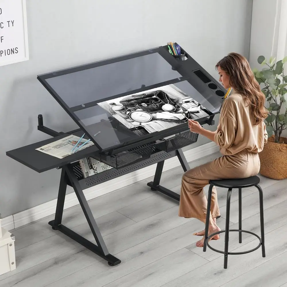 

Height-Adjustable Glass Dining Table with Ergonomic 0-75° Tilt and Storage for Home Office, Type 1-Black