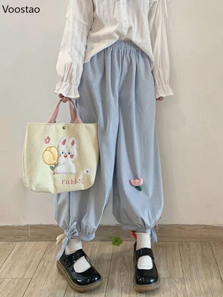 

Japanese Kawaii Lolita Corduroy Pants Women Sweet High Waist Flower Appliques Trousers Loose Bloomers Girly Casual Sweatpants