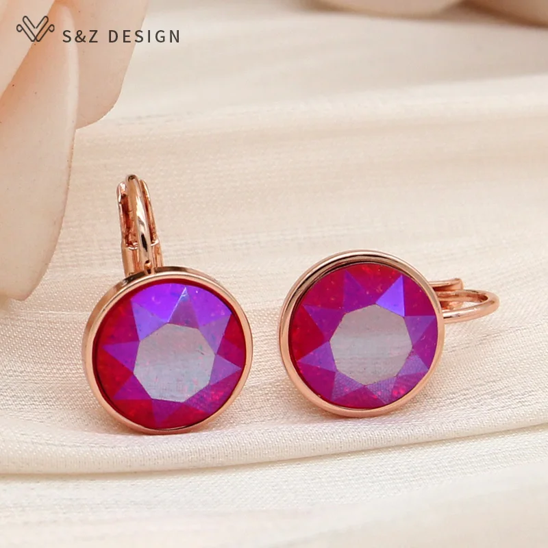 S&Z DESIGN New Fashion Round Ice Crack Crystal Dangle Earrings For Women Wedding Jewelry 585 Rose Gold Color Eardrop Gift