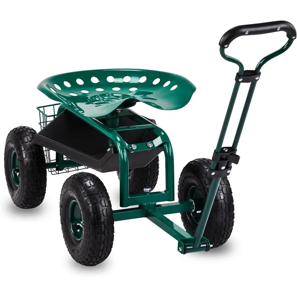 

Регулируемая поворотная садовая тележка на колесах с сиденьем, выдвижной ручкой, подставкой для инструментов и корзиной для хранения для посадки и садовых работ