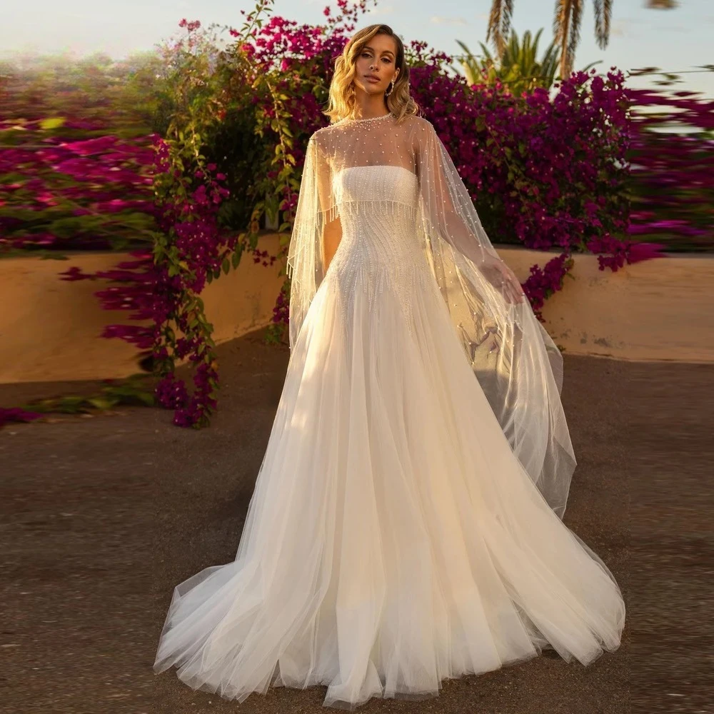 Strapless Wedding Dress for Bride with Cape Beadings Lacing Up Tulle Modern Bridal Vestidos Customised