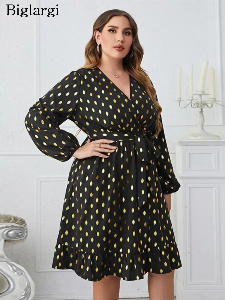 

Plus Size Summer Midi Dress Women Polka Dot Print Pleated Long Sleeve Casual Ladies Dresses Loose Fashion Woman Dress 2023