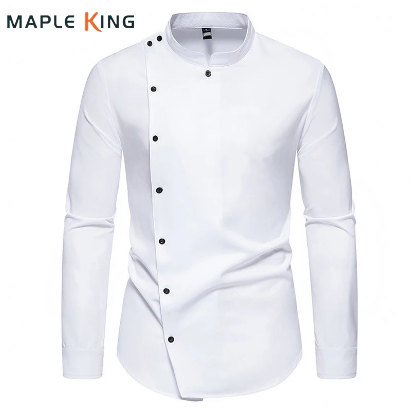 

Long Sleeve Stand Collar Shirt Men Restaurant Chef Uniform Clothes 2024 Classic Business Casual Camisas Streetwear Mens Shirts