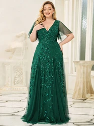 Plus Size Evening Dresses Long A-LINE Deep V-Neck Half Sleeves Floor-Length Gown 2025 Ever Pretty of GauzeDark Green Women Dress