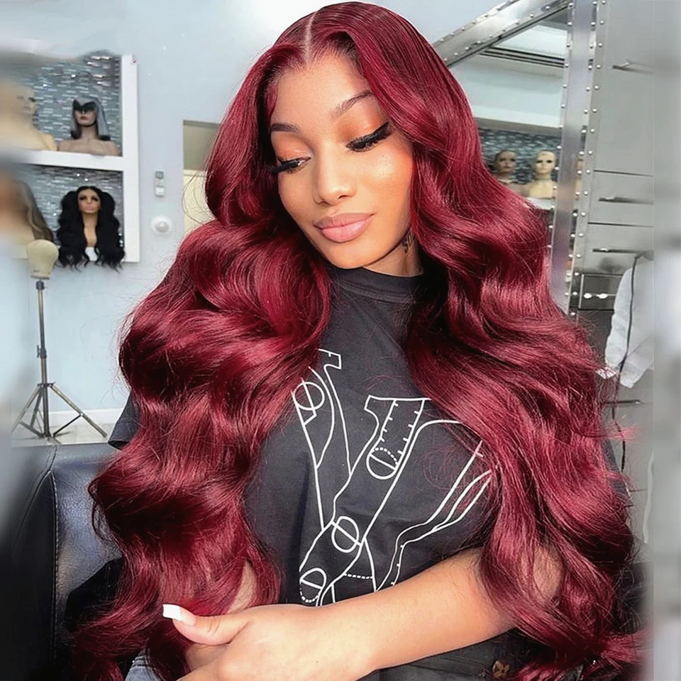 Perruque Lace Front Wig Body Wave Naturelle 100% Cheveux Humains, Rouge Bordeaux, Coloré 99J, 13x4, 13x6, HD, pour Femme