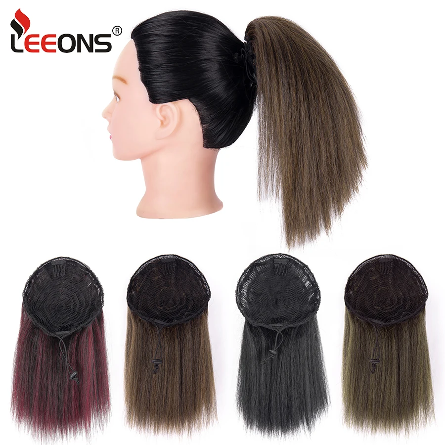 Leeons 10 Inches Synthetic Yaki Fluffy Drawstring Ponytail Yaki Straight Black Ponytail Extensions Clip In Hairpieces For Women