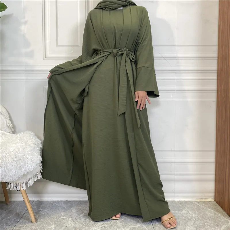 Hot sell wrinkle crepe 2pcs abaya set wide sleeve dubai abayas with pockets sleeveless inner dress 10 colors